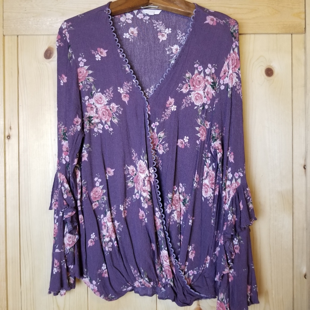 Oddi Floral Bell Sleeve Peasant Boho Mock Wrap V-Neck Blouse Top